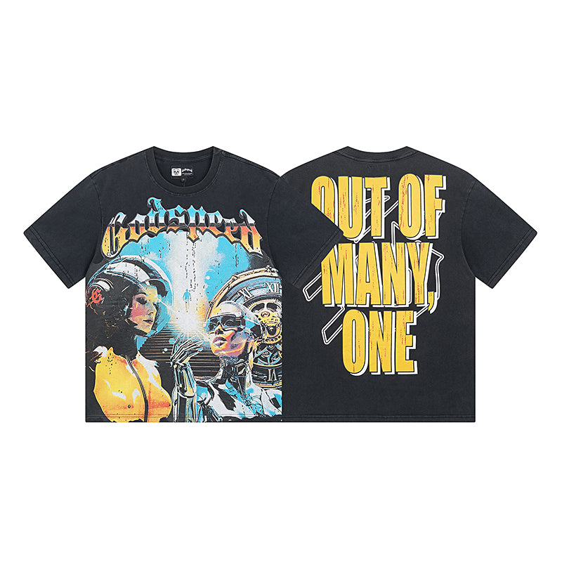 Men’s Black Street Vintage Washed T-Shirt (Crafted Print) 1000