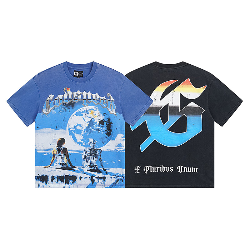 Men’s Blue & Black Street Vintage Washed T-Shirt (Crafted Print) 1005