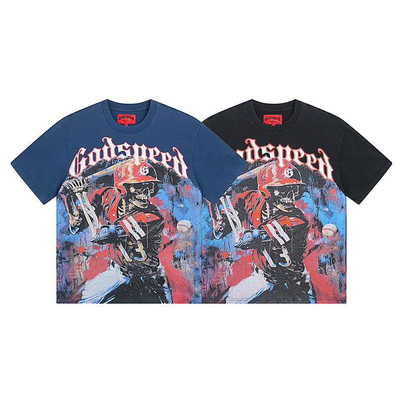 T-shirt homme noir et bleu style vintage délavé (impression artisanale) 1017