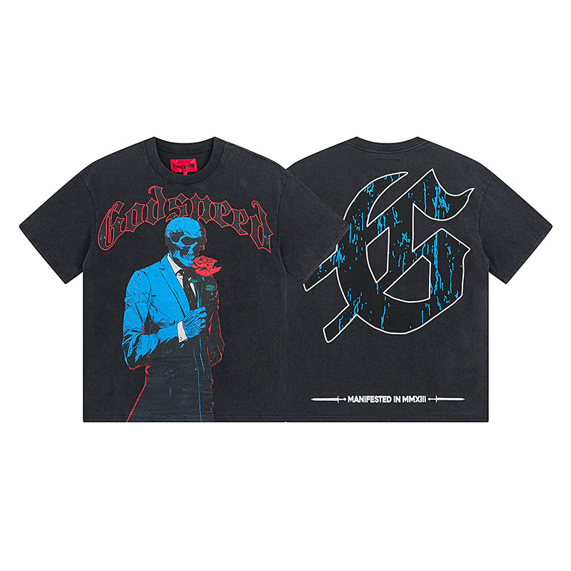 T-shirt noir délavé style vintage pour homme (impression artisanale) 1028
