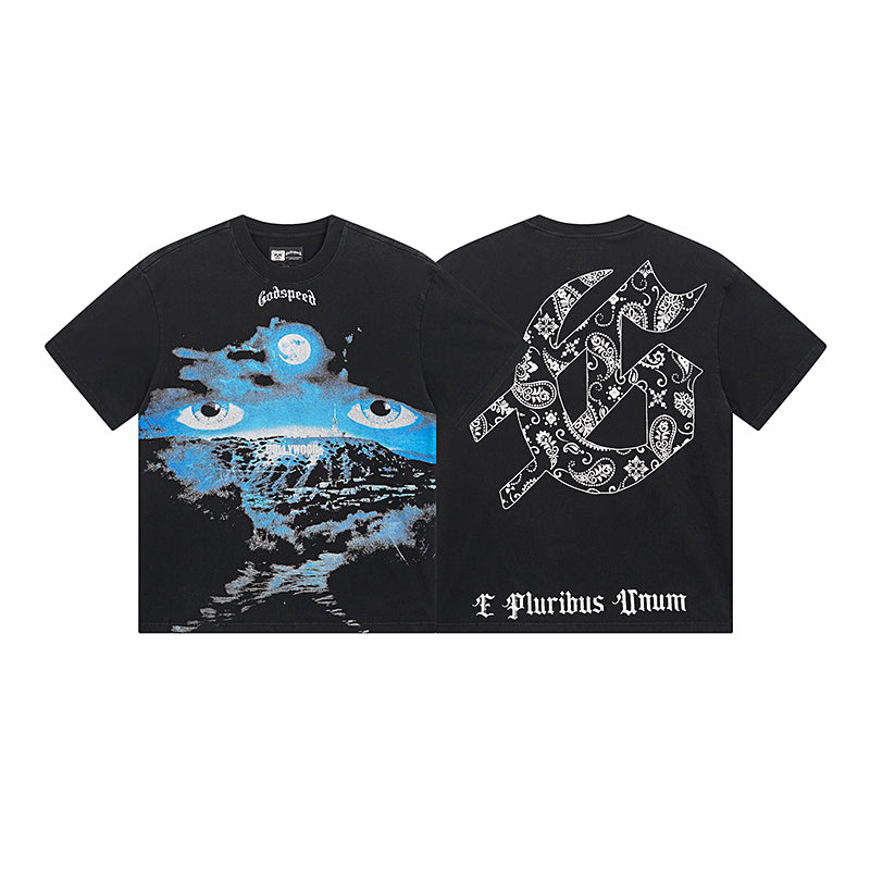 T-shirt noir délavé style vintage pour homme (impression artisanale) 1029