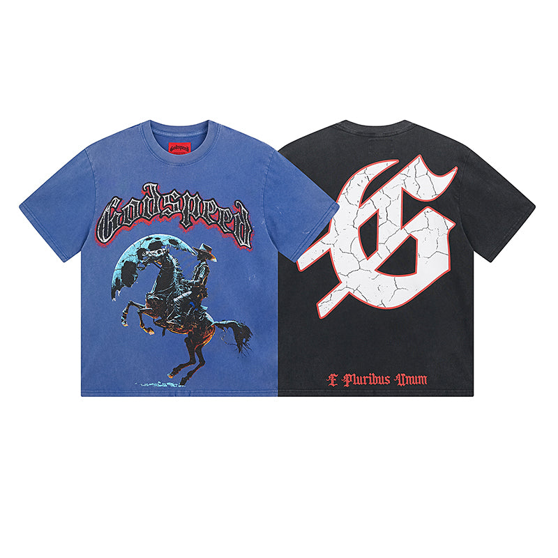T-shirt homme bleu et noir style vintage délavé (impression artisanale) 1057