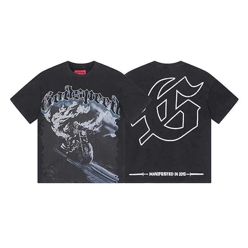 T-shirt noir délavé style vintage pour homme (impression artisanale) 1065