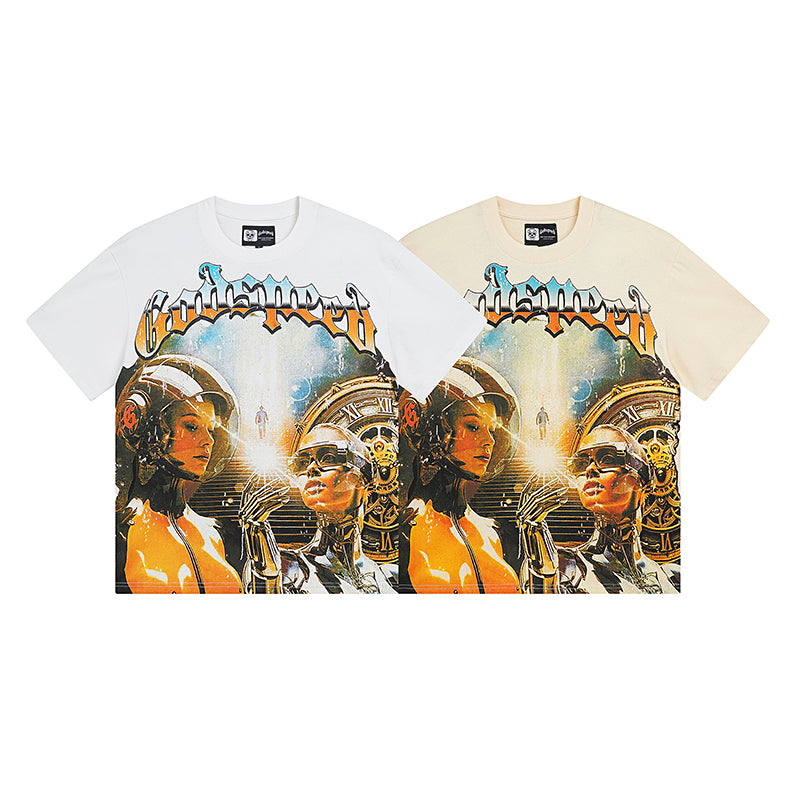 Men’s White & Beige Rock Street Vintage Washed T-Shirt (Crafted Print) 3000