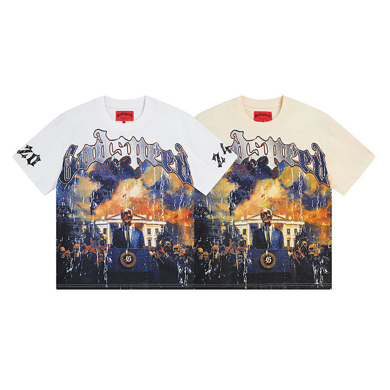 Men’s White & Beige Street Vintage Washed T-Shirt (Crafted Print) 3010