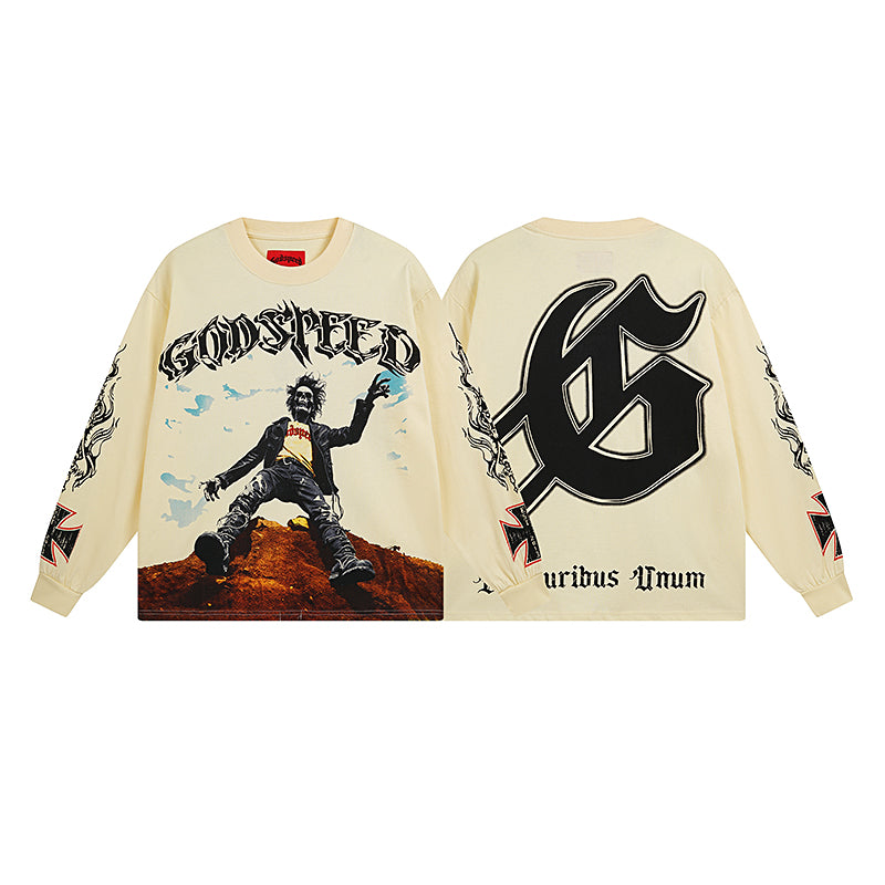 Beige Street Vintage Washed Long Sleeve T-Shirt (Crafted Print) 3103