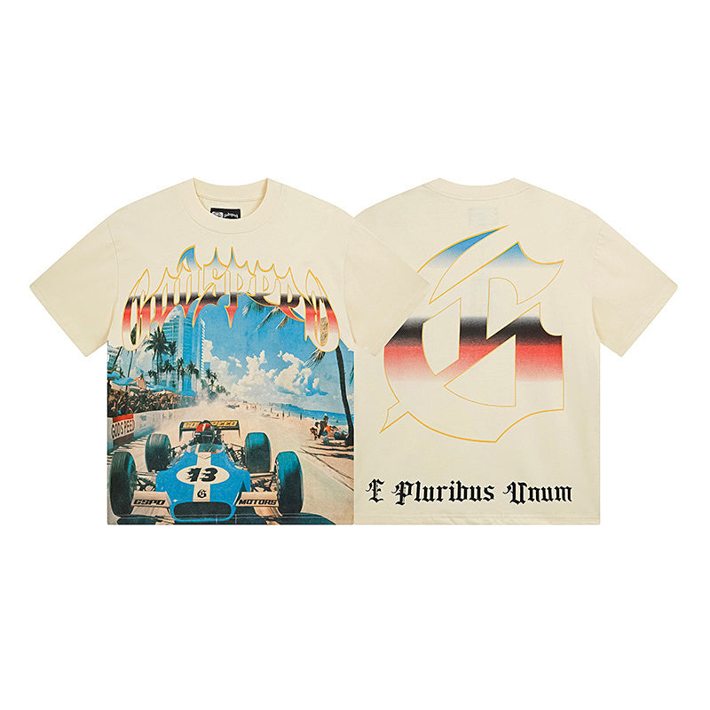Camiseta beige vintage lavada para hombre (estampado artesanal) 3110