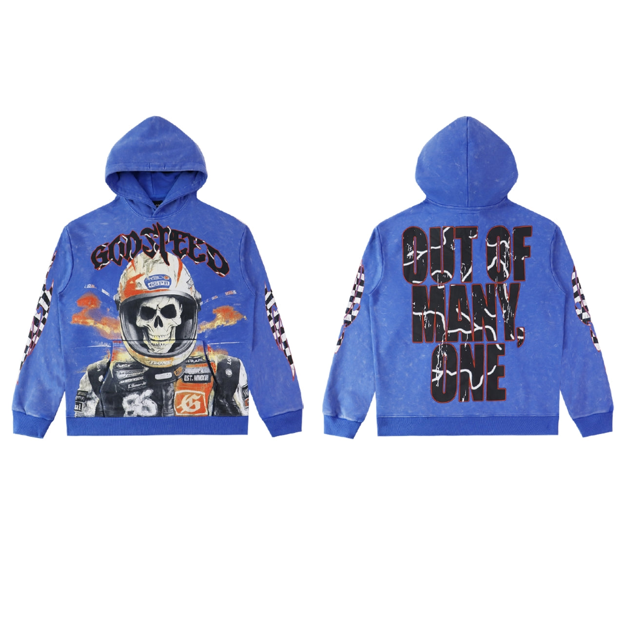 Sweat à capuche homme noir et bleu style vintage délavé (imprimé artisanal) 5518