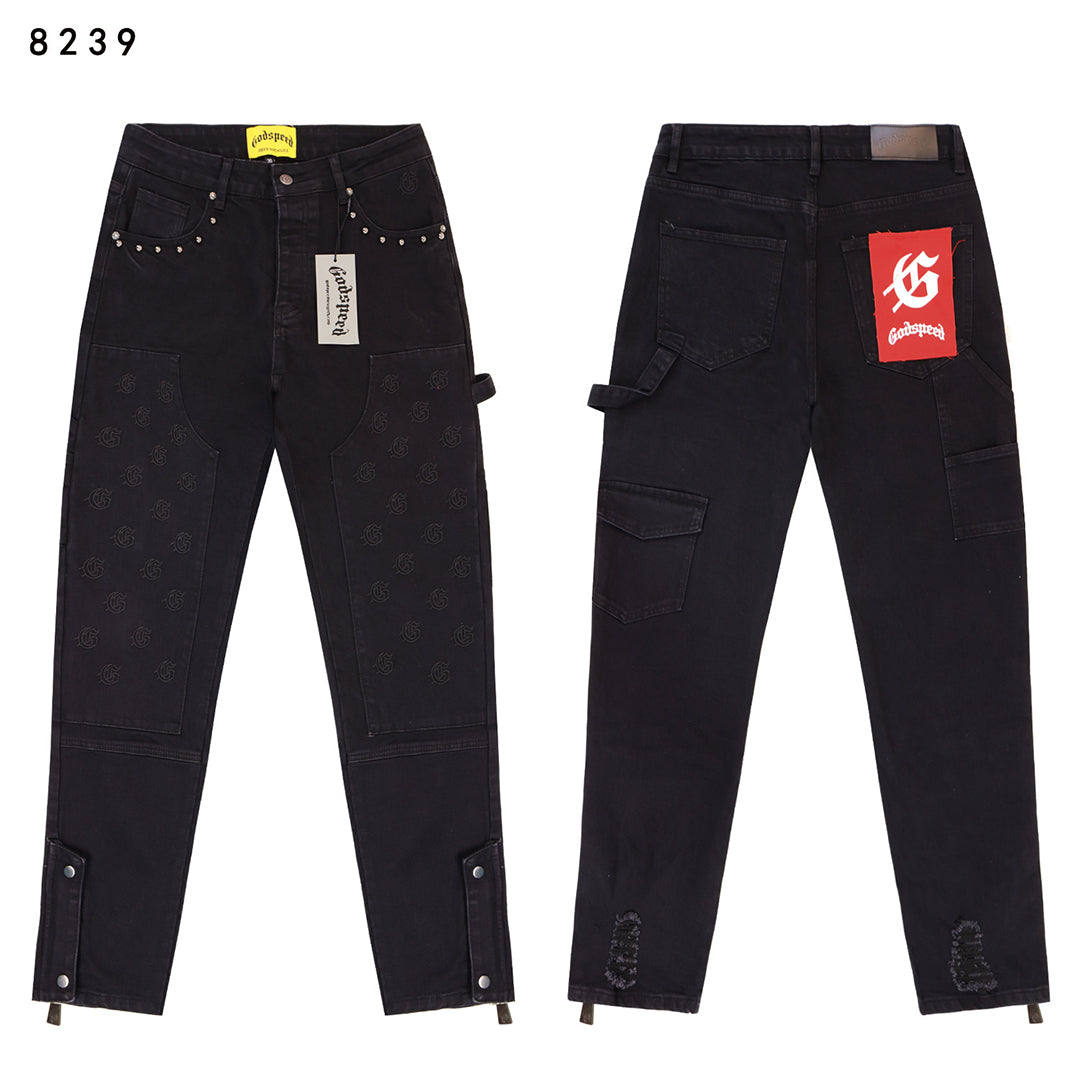 Blue & Gray & Black Loose Fit Denim Pants Streetwear Vintage Style Jeans 8239