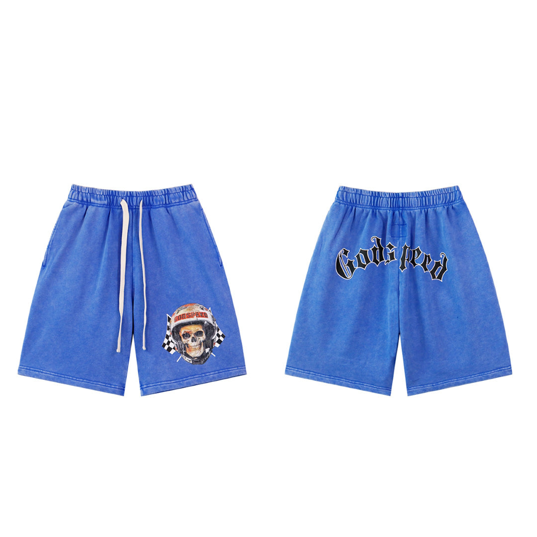 Black & Blue Washed Double Yarn Printed Shorts Vintage Streetwear Style 8679