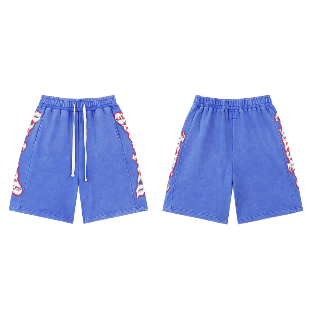 Black & Blue Washed Double Yarn Printed Shorts Vintage Streetwear Style 8770