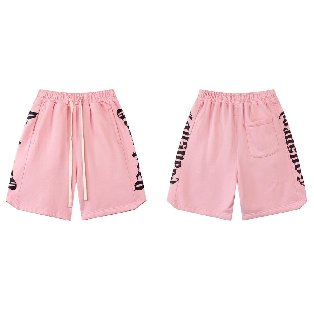 Black & Blue & Pink Washed Double Yarn Printed Shorts Vintage Streetwear Style 8779