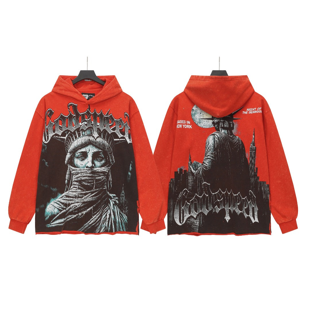 Sweat à capuche homme noir et rouge style vintage délavé (impression artisanale) G6802