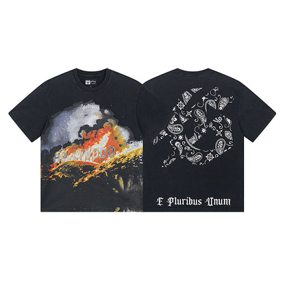 T-shirt noir délavé style vintage pour homme (impression artisanale) 1007
