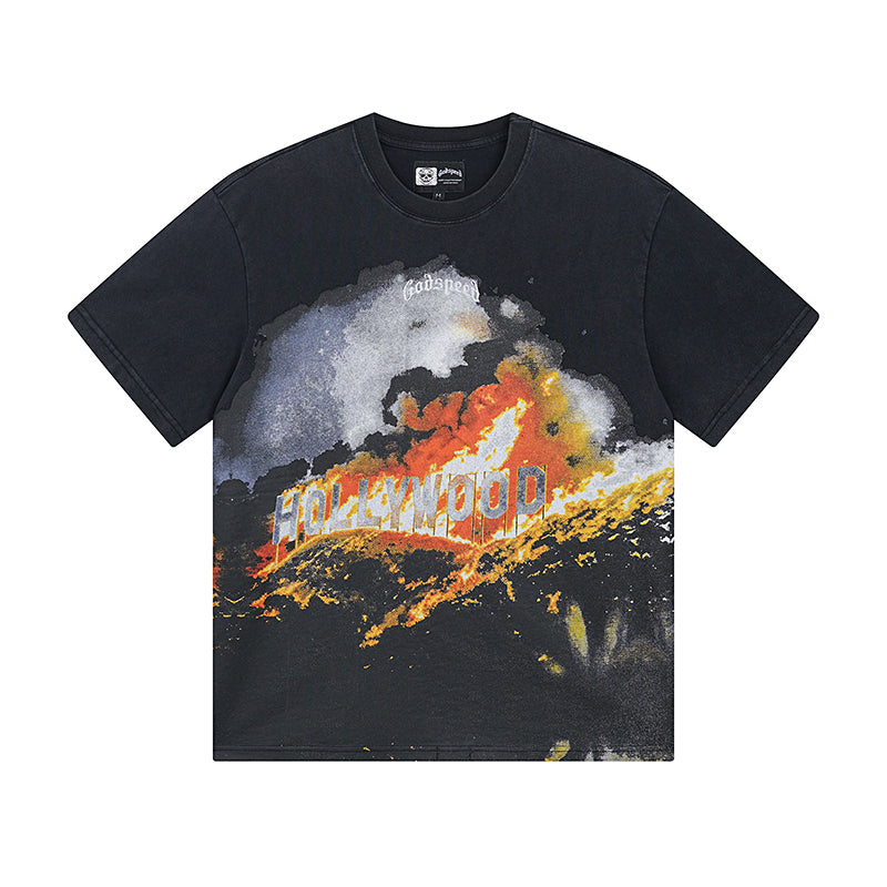 T-shirt noir délavé style vintage pour homme (impression artisanale) 1007