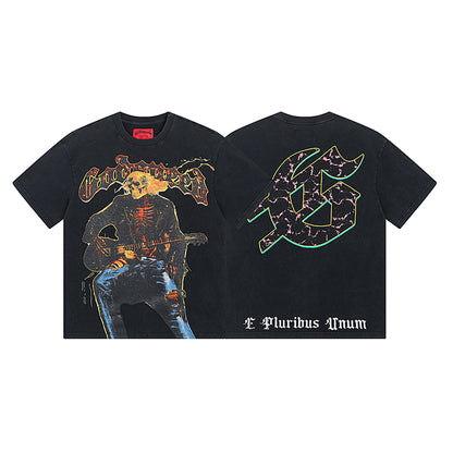 T-shirt noir délavé style vintage pour homme (impression artisanale) 1008