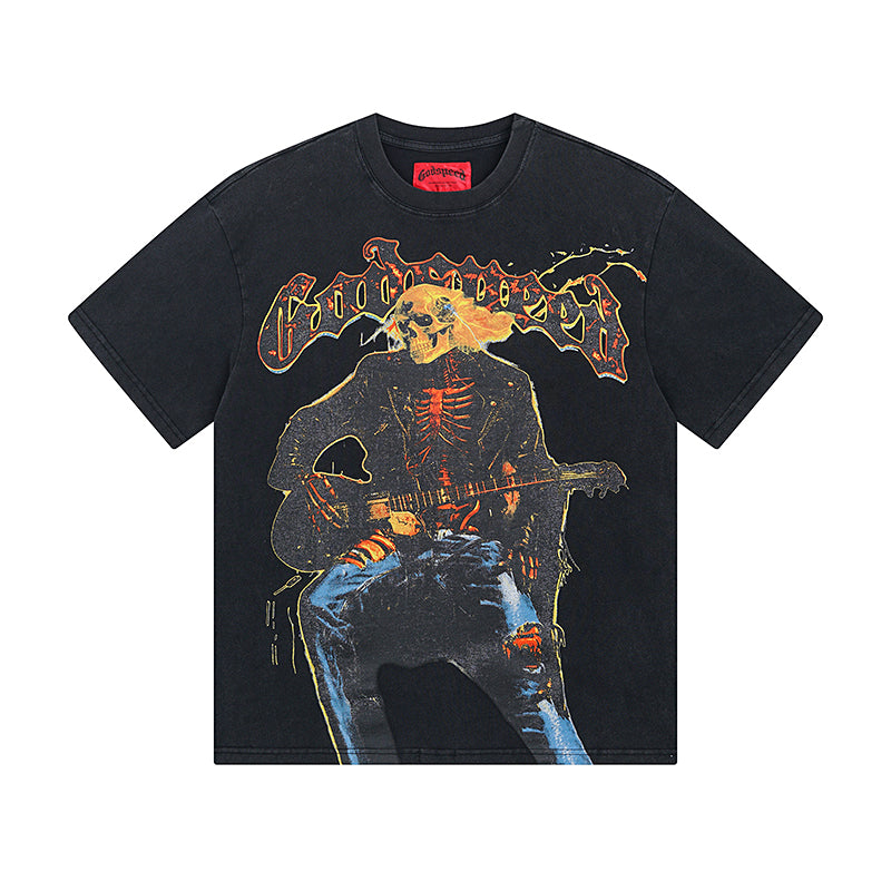T-shirt noir délavé style vintage pour homme (impression artisanale) 1008