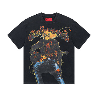 T-shirt noir délavé style vintage pour homme (impression artisanale) 1008