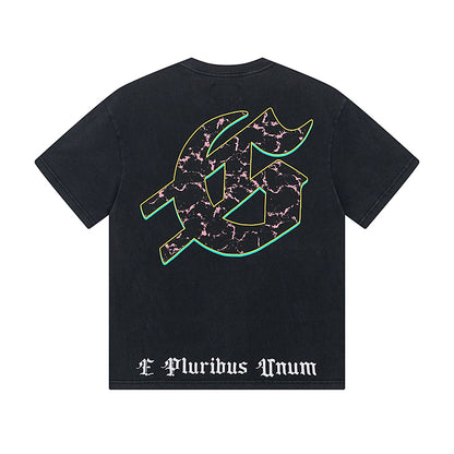 T-shirt noir délavé style vintage pour homme (impression artisanale) 1008