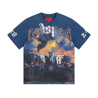 T-shirt homme bleu et noir style vintage délavé (impression artisanale) 1010