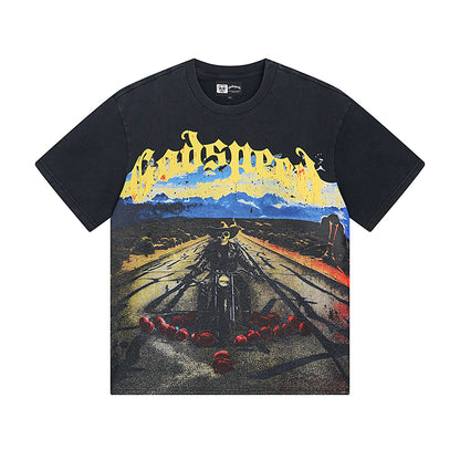 T-shirt noir délavé style vintage pour homme (impression artisanale) 1011