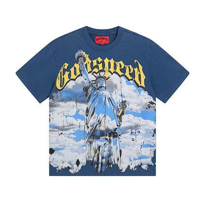 T-shirt homme bleu et noir style vintage délavé (impression artisanale) 1015
