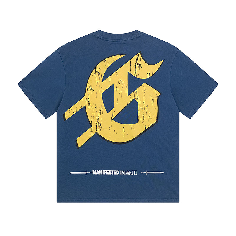 T-shirt homme bleu et noir style vintage délavé (impression artisanale) 1015