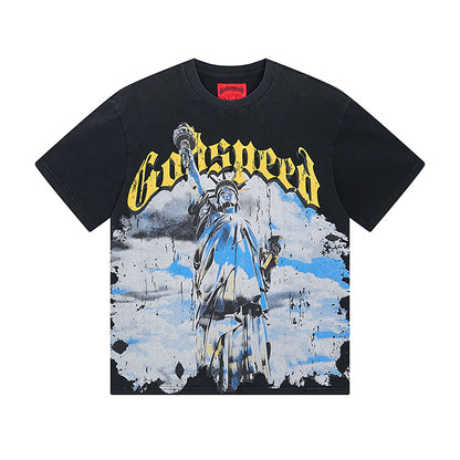 T-shirt homme bleu et noir style vintage délavé (impression artisanale) 1015