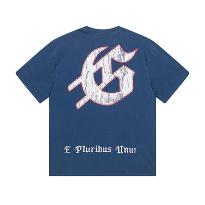 T-shirt homme noir et bleu style vintage délavé (impression artisanale) 1017