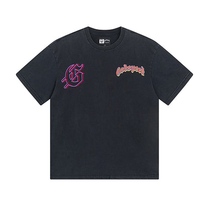 T-shirt homme violet et noir style vintage délavé (impression artisanale) 1018