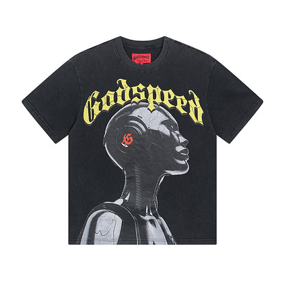 T-shirt noir délavé style vintage pour homme (impression artisanale) 1021