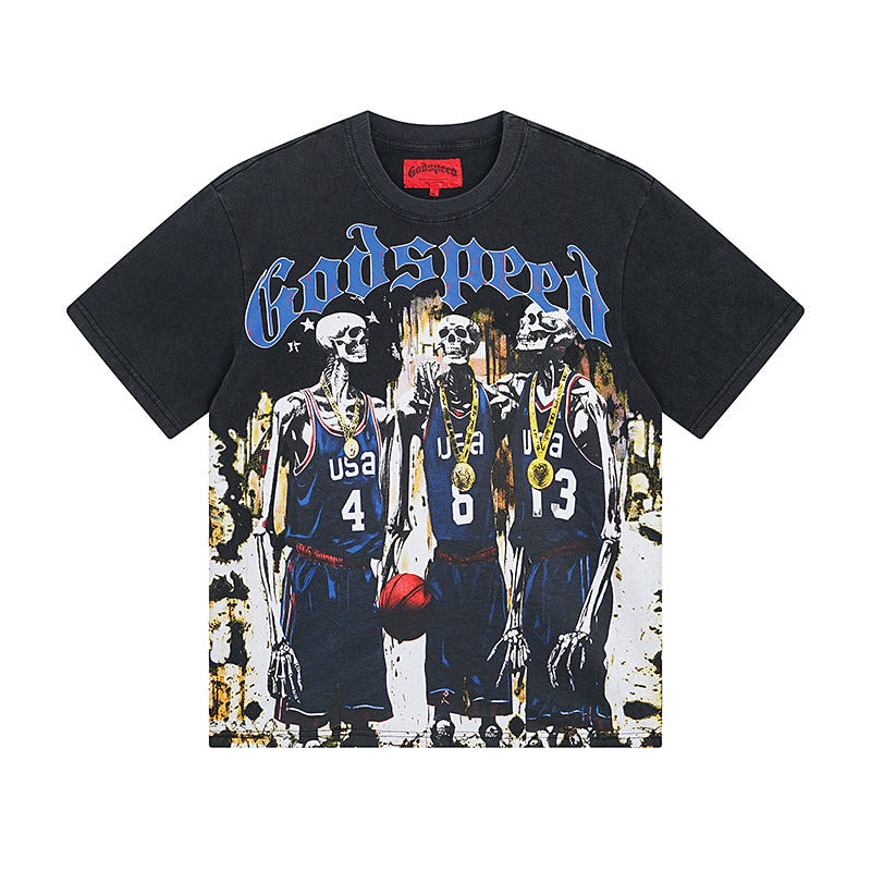 T-shirt noir délavé style vintage pour homme (impression artisanale) 1023