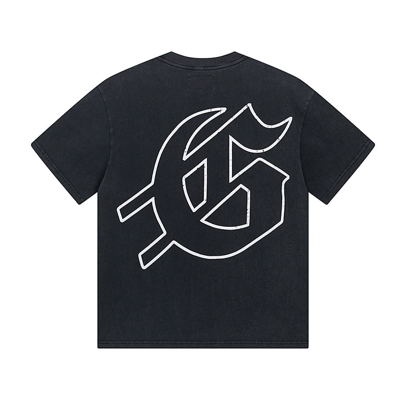T-shirt noir délavé style vintage pour homme (impression artisanale) 1025