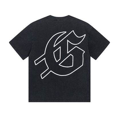 T-shirt noir délavé style vintage pour homme (impression artisanale) 1025