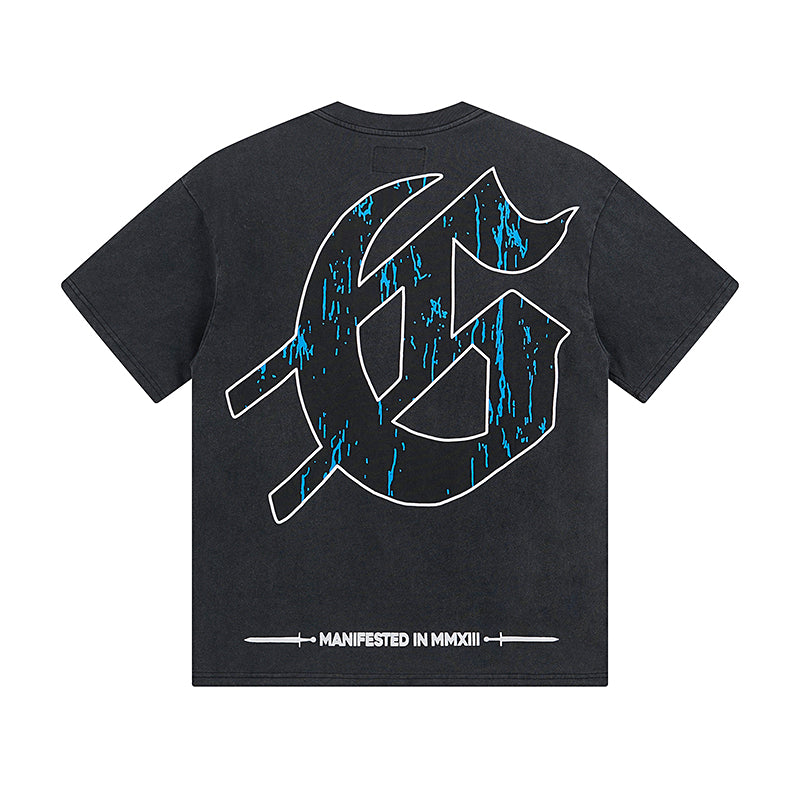 T-shirt noir délavé style vintage pour homme (impression artisanale) 1028