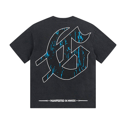 T-shirt noir délavé style vintage pour homme (impression artisanale) 1028