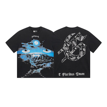 T-shirt noir délavé style vintage pour homme (impression artisanale) 1029