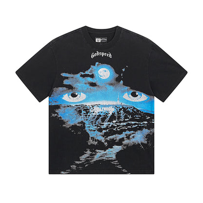 T-shirt noir délavé style vintage pour homme (impression artisanale) 1029