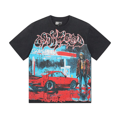 T-shirt noir délavé style vintage pour homme (impression artisanale) 1031