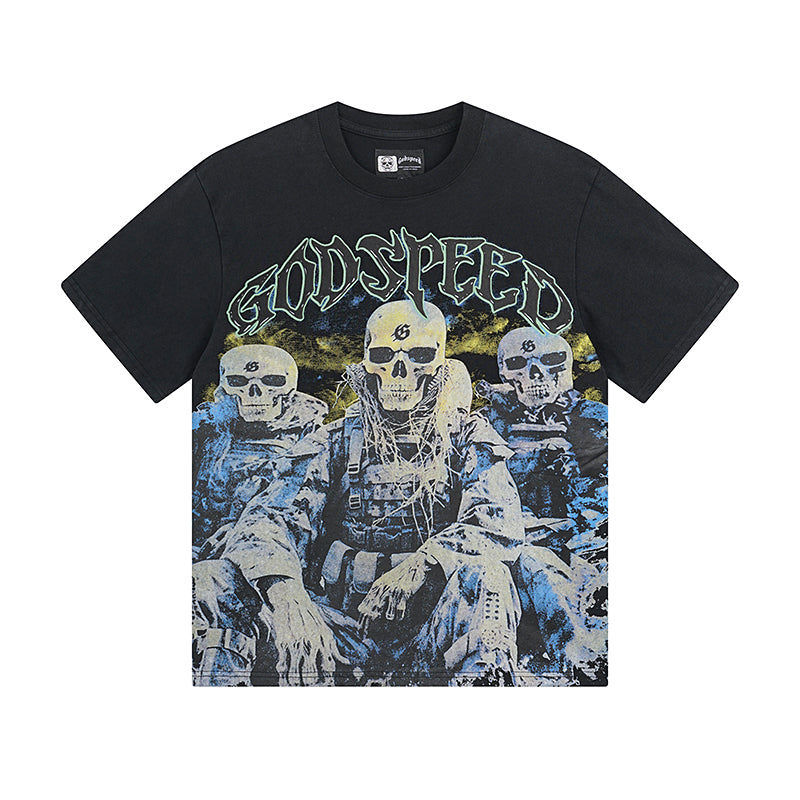 T-shirt noir délavé style vintage pour homme (impression artisanale) 1032