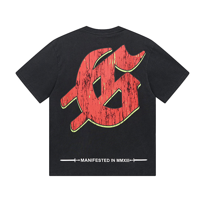 T-shirt noir délavé style vintage pour homme (impression artisanale) 1033