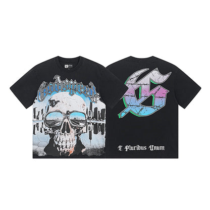 T-shirt noir délavé style vintage pour homme (impression artisanale) 1037