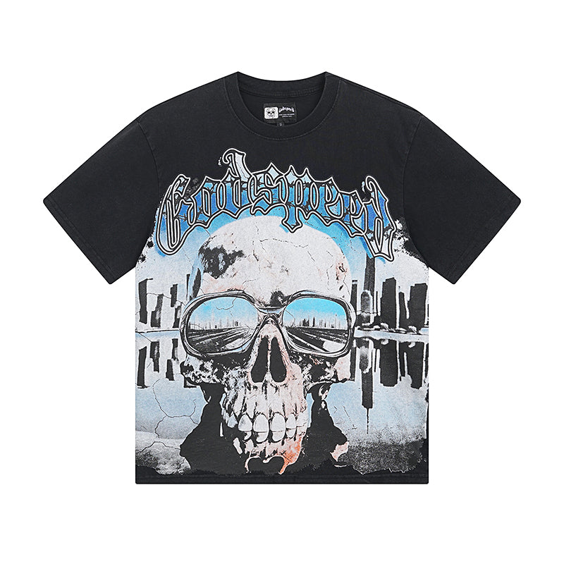 T-shirt noir délavé style vintage pour homme (impression artisanale) 1037