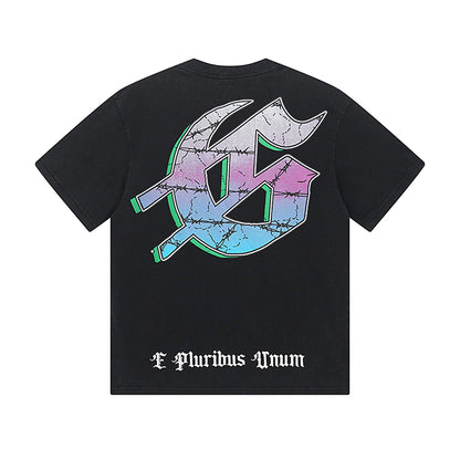 T-shirt noir délavé style vintage pour homme (impression artisanale) 1037