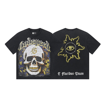 T-shirt noir délavé style vintage pour homme (impression artisanale) 1039