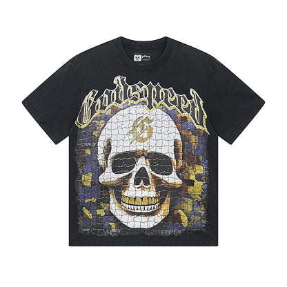 T-shirt noir délavé style vintage pour homme (impression artisanale) 1039