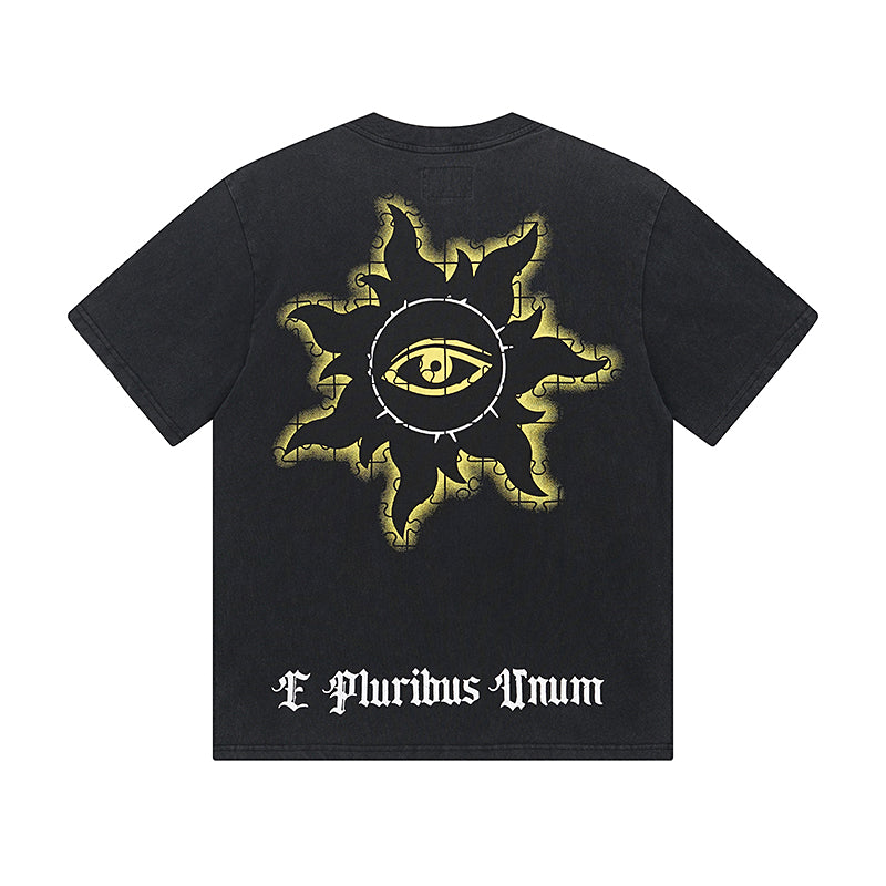 T-shirt noir délavé style vintage pour homme (impression artisanale) 1039