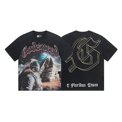 T-shirt homme noir et bleu style streetwear vintage délavé (impression artisanale) 1050