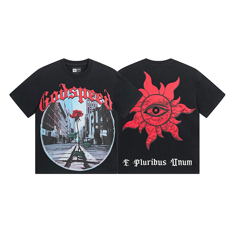 T-shirt noir délavé style vintage pour homme (impression artisanale) 1051