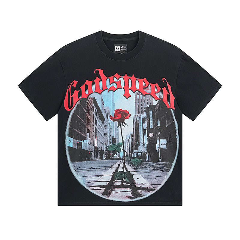 T-shirt noir délavé style vintage pour homme (impression artisanale) 1051
